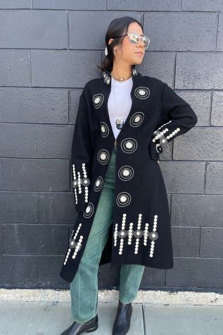 Y2K Black Wool Coat with White Embroidery Selected by FernMercantile