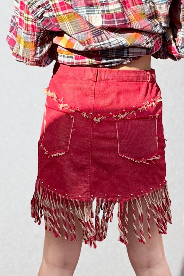 Y2K Studded Red Denim Mini Skirt with Fringe Selected by Personal Choice #1