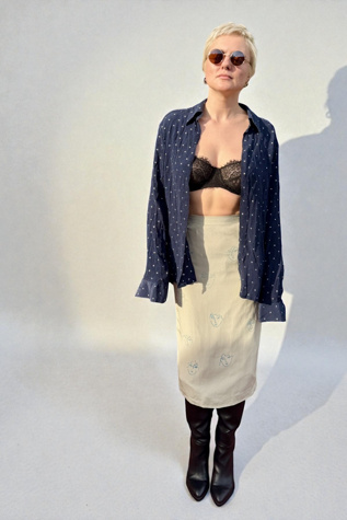 Silk Pencil Skirt with Face Doodle Print Selected by Personal Choice