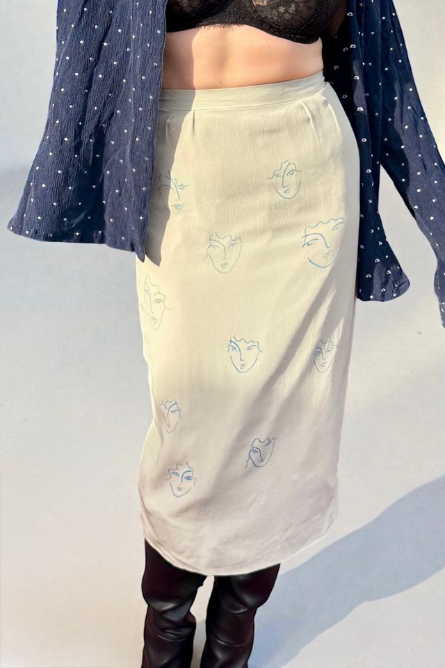 Silk Pencil Skirt with Face Doodle Print Selected by Personal Choice #1