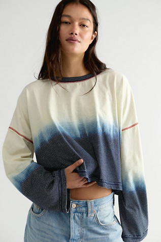 We The Free Indigo Striped Long-Sleeve Crew Neck Jersey T-Shirt at Free People in Blue, Size: L - Crew Neck