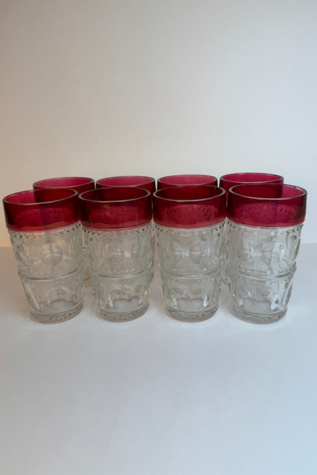 Vintage Ruby Rimmed Pressed Glass Tumblers Set of (8) selected by Stagecoach Home Design LLC