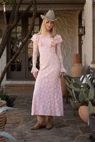 Vintage 1970s Pink Floral Lace Prairie Gown with Ruffle Collar by Lauren Owen of Texas