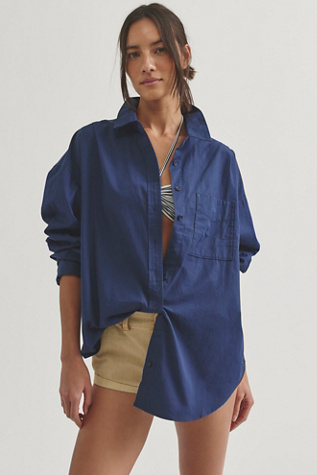 We The Free Lexi Poplin Button Down Shirt at Free People in Pageant Blue, Size: Medium