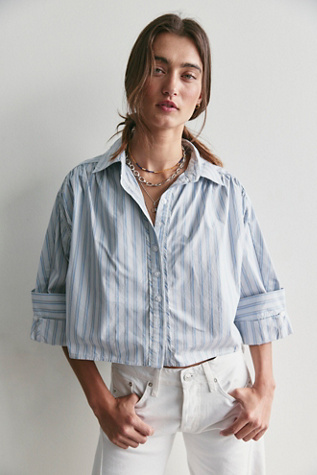 We The Free Mira Pinstripe Top at Free People in Cornflower Combo, Size: Medium