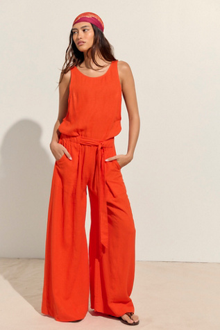 Linden Linen One-Piece Jumpsuit by free-est at Free People in Mandarin Red, Size: XS