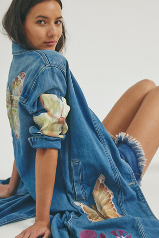 Женские куртки Free People FP X Juliet Johnstone Hand-Painted Monique Denim Duster, цвет: Синий — фото 8