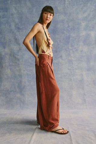 About It Baggy Linen Trousers by Free People in Orange, Size: US 12