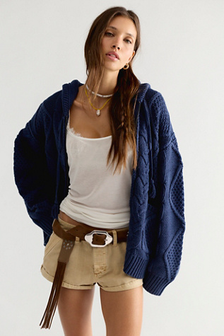 Found Zip-Up Cable Knit Hoodie at Free People in Navy, Size: Medium