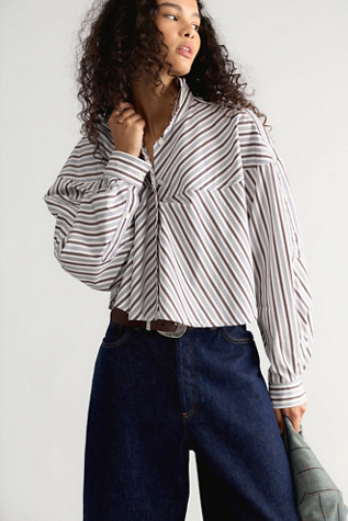 Женская рубашка AGOLDE Agnes Striped Button Down Shirt, цвет: Полосатый белый / Шоколадный — фото 4