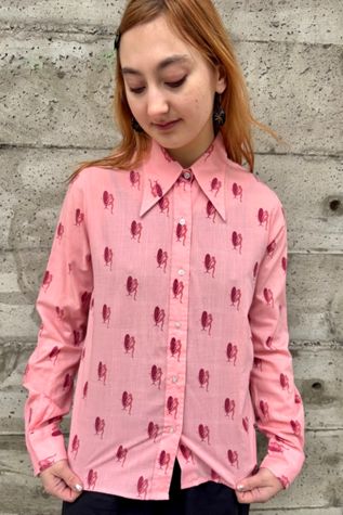 1970’s Pink Print Button Up Blouse Selected by Nomad Vintage