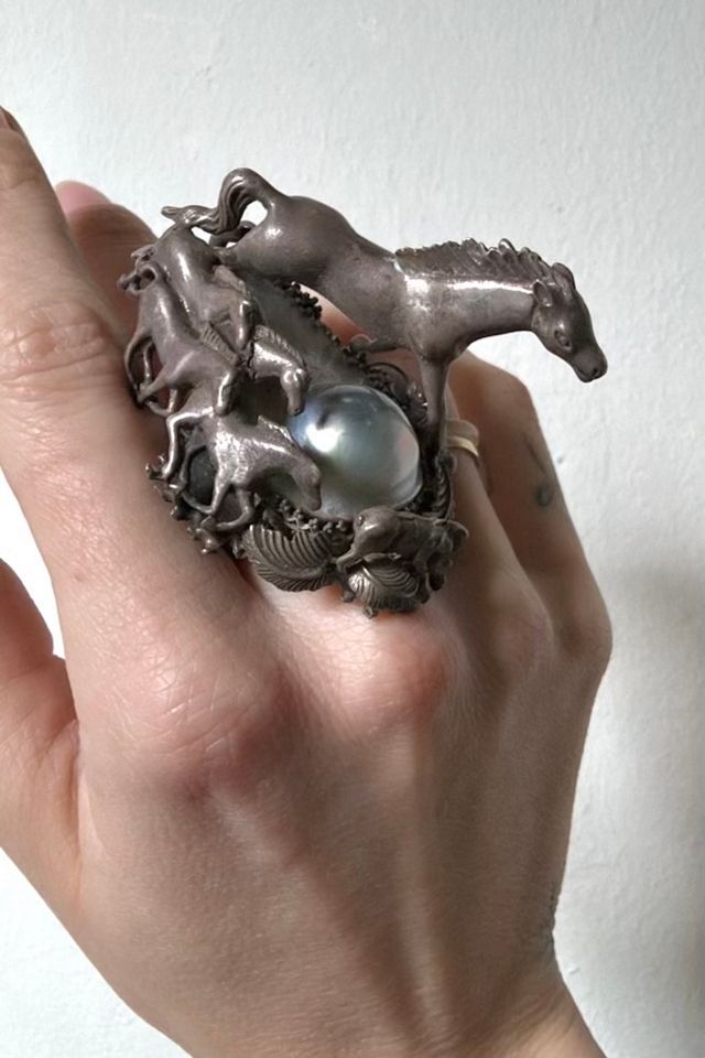 Vintage Artisan Sterling Silver and Pearl Horse Scene Ring Selected by Cherry #1