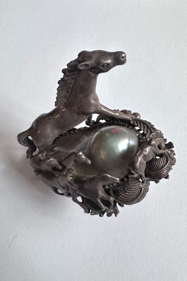 Vintage Artisan Sterling Silver and Pearl Horse Scene Ring Selected by Cherry #2