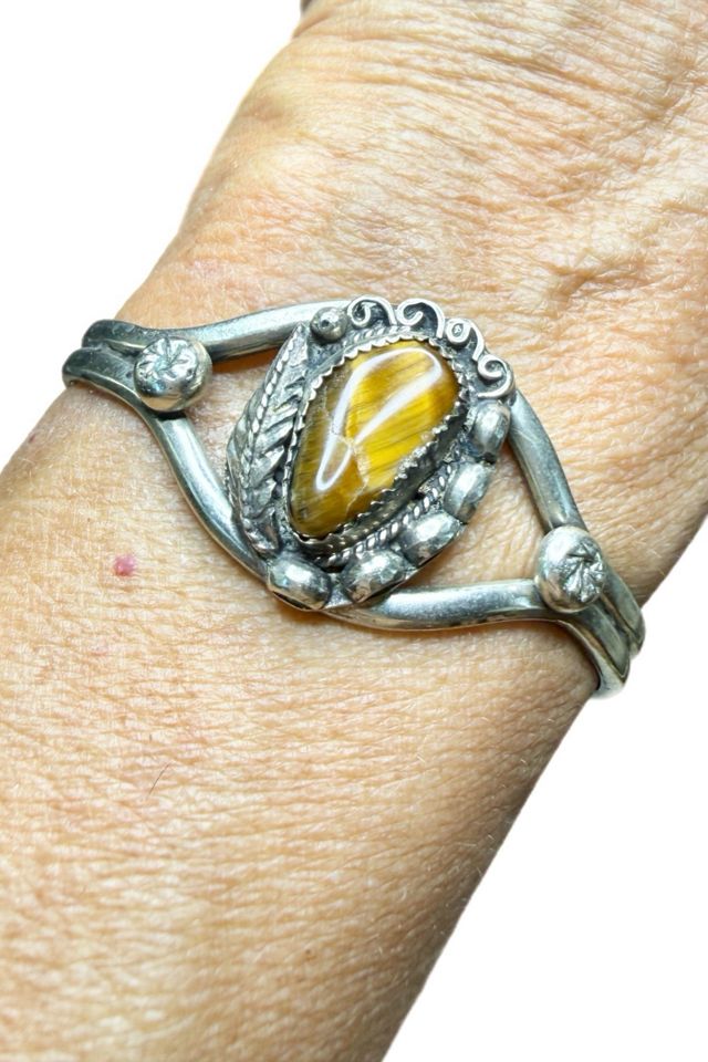 Vintage Sterling Silver Cuff Bracelet with Tigers Eye Selected by Lux Revival #1