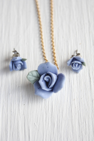 Handmade Vintage Clay Blue Rose Necklace + Earrings Set Selected By Moons + Junes Vintage