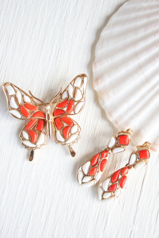 1960s Crown Trifari Orange Mosaic Clip-On Earrings Selected By Moons + Junes Vintage