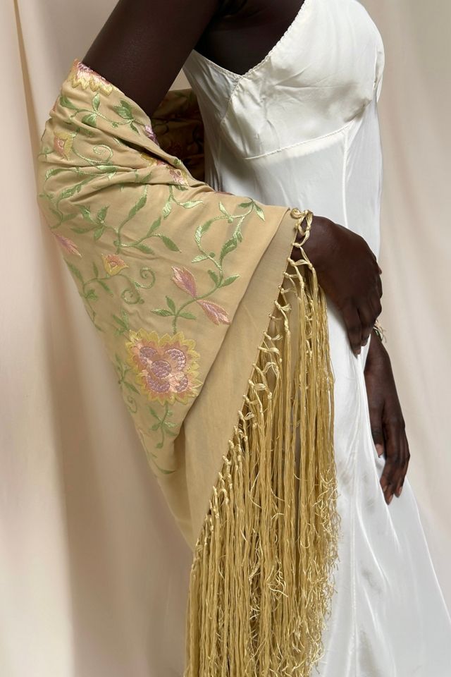 Vintage 1920's Silk Floral Piano Shawl With Fringe Selected By