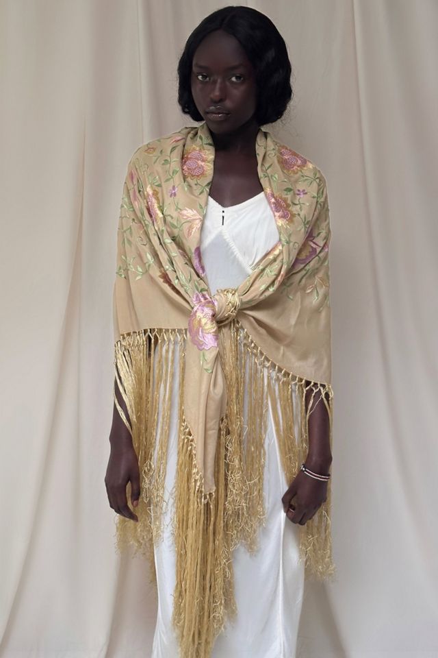 Vintage 1920's Silk Floral Piano Shawl With Fringe Selected By