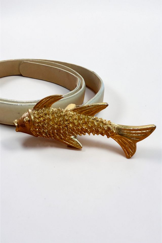 Vintage Gold Tone Fish Buckle Narrow Leather Belt Selected by Personal Choice #1