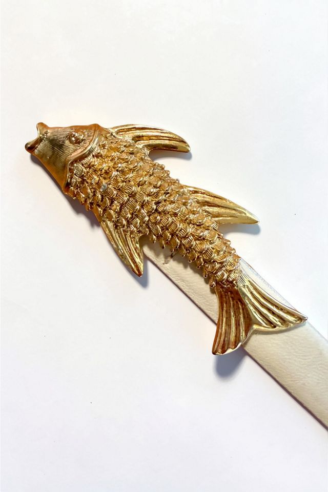 Vintage Gold Tone Fish Buckle Narrow Leather Belt Selected by Personal Choice #2