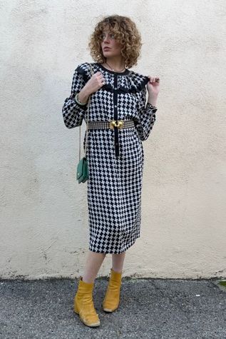 Albert Nipon Black Grey Clown Collar Dress Selected by The Curatorial Dept.