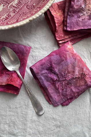 Vintage Hand Embroidered and Hand Dyed Linen Cocktail Napkin Red Selected by KA.TL.AK