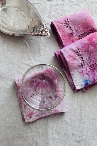 Vintage Hand Embroidered and Hand Dyed Linen Cocktail Napkin Pink Selected by KA.TL.AK
