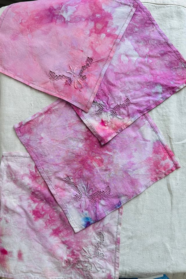 Vintage Hand Embroidered and Hand Dyed Linen Cocktail Napkin Pink Selected by KA.TL.AK #2