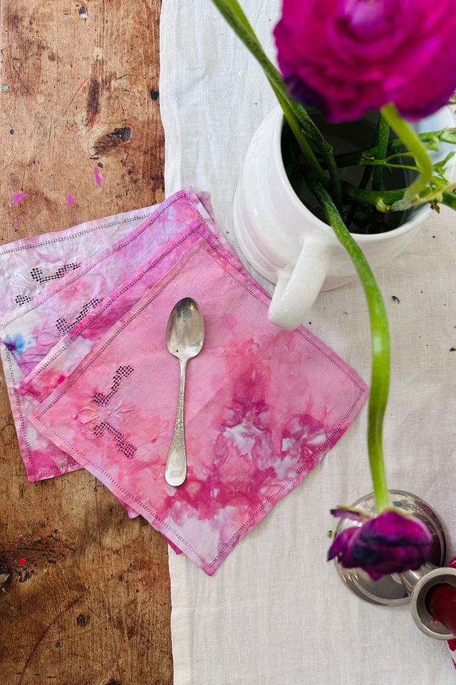 Vintage Hand Embroidered and Hand Dyed Linen Cocktail Napkin Pink Selected by KA.TL.AK #3