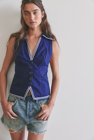 We The Free High Seas Cotton Open Collar Top at Free People in Blue, Size: L