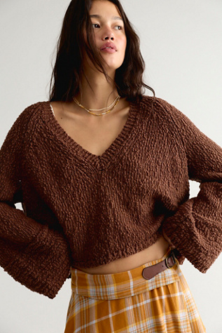 Heartland V-Neck Knit Pullover by Free People in Brown, Size: M