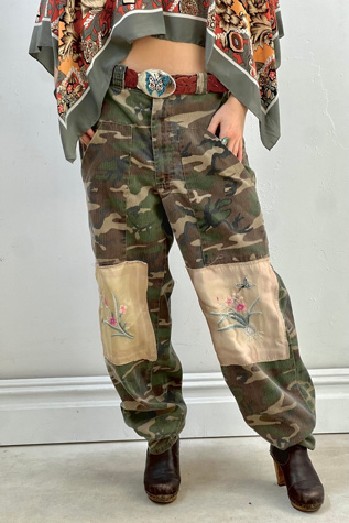 Anna Corinna Reworked Vintage Silk Butterfly Patched Camo Pants