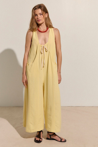 Easy Street Cotton Scoop Neck Palazzo Jumpsuit by free-est at Free People in Yellow, Size: M - Palazzo - Scoop Neck