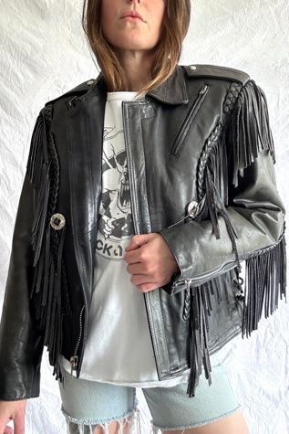 Vintage 1980s Leather and Fringe Biker Jacket Selected by Grievous Angel Vintage