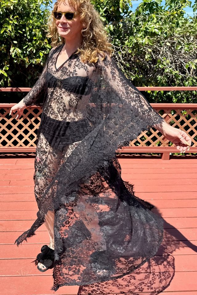 sheer caftan dress Long Sheer Caftan in Black/ Cream Plaid