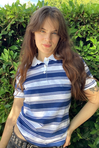 Vintage 1980s White and Navy Blue Stripe Polo Selected by Cherry