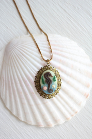 Vintage Seahorse Cameo Brass Pendant Necklace Selected By Moons + Junes Vintage