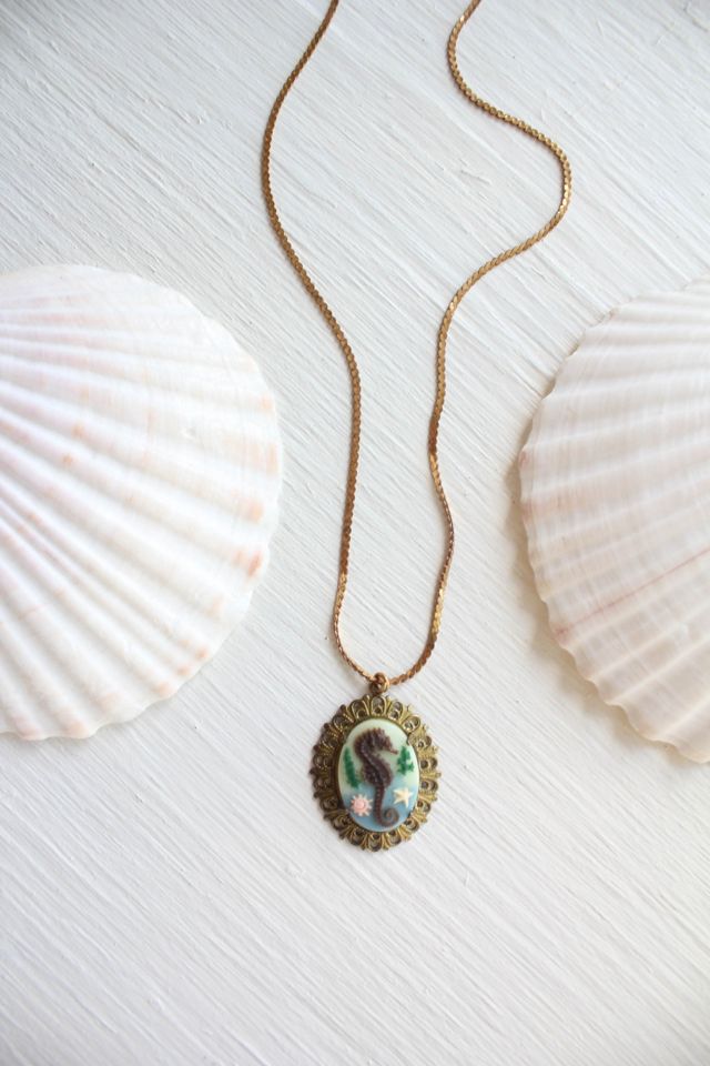Vintage Seahorse Cameo Brass Pendant Necklace Selected By Moons + Junes Vintage #1