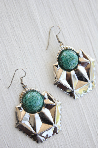 Vintage Western Crushed Turquoise Geometric Silver Earrings Selected By Moons + Junes Vintage
