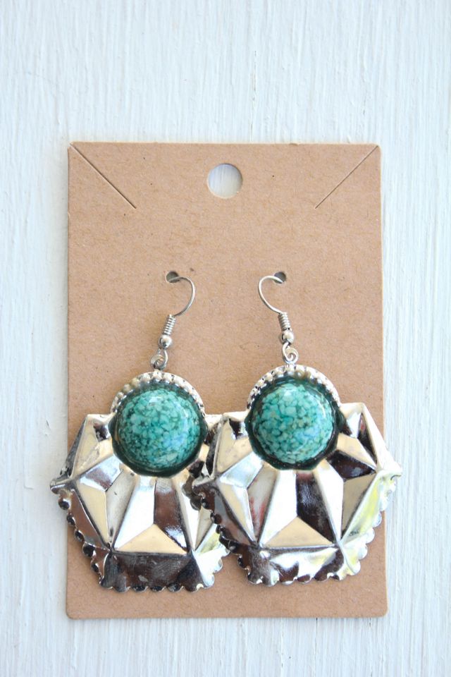 Vintage Western Crushed Turquoise Geometric Silver Earrings Selected By Moons + Junes Vintage #1