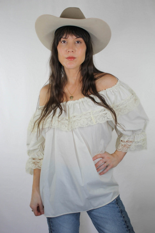 Vintage Western Off-The-Shoulder Ivory Ruffle Lace Blouse Selected By Moons + Junes Vintage