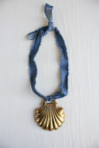 Vintage Brass Shell Medallion Denim Necklace Selected By Moons + Junes Vintage