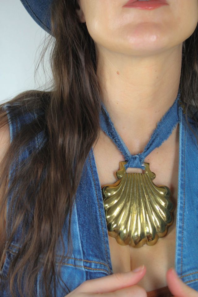 Vintage Brass Shell Medallion Denim Necklace Selected By Moons + Junes Vintage #3