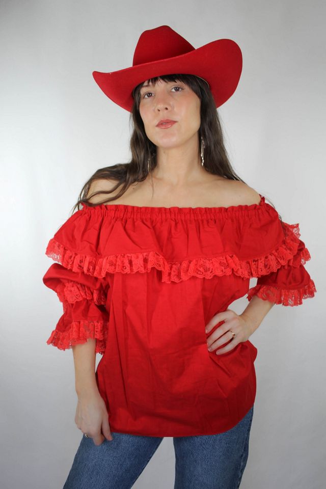 Vintage Western Off-The-Shoulder Red Ruffle Lace Blouse Selected By Moons + Junes Vintage #1