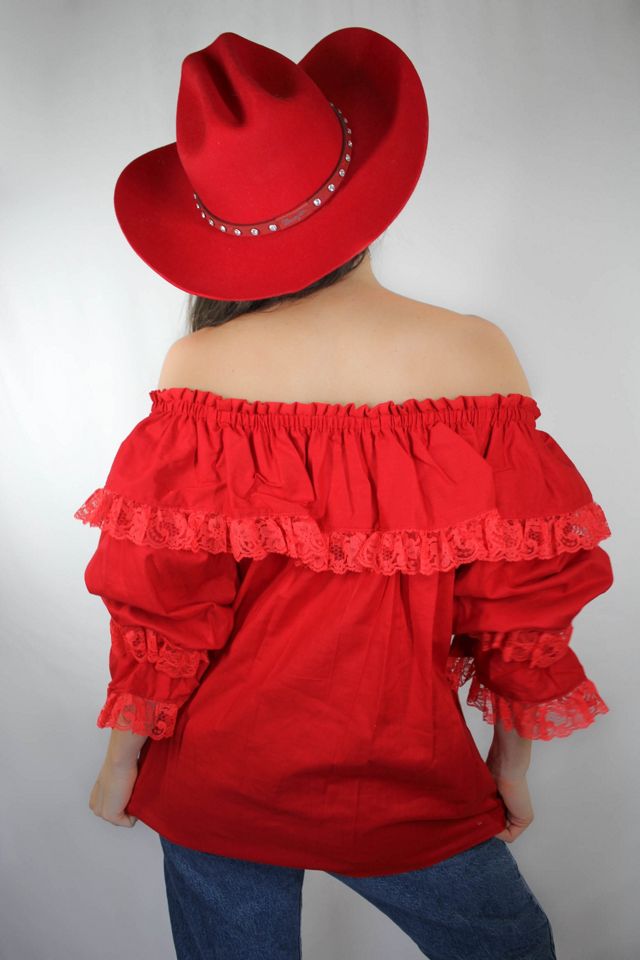 Vintage Western Off-The-Shoulder Red Ruffle Lace Blouse Selected By Moons + Junes Vintage #2