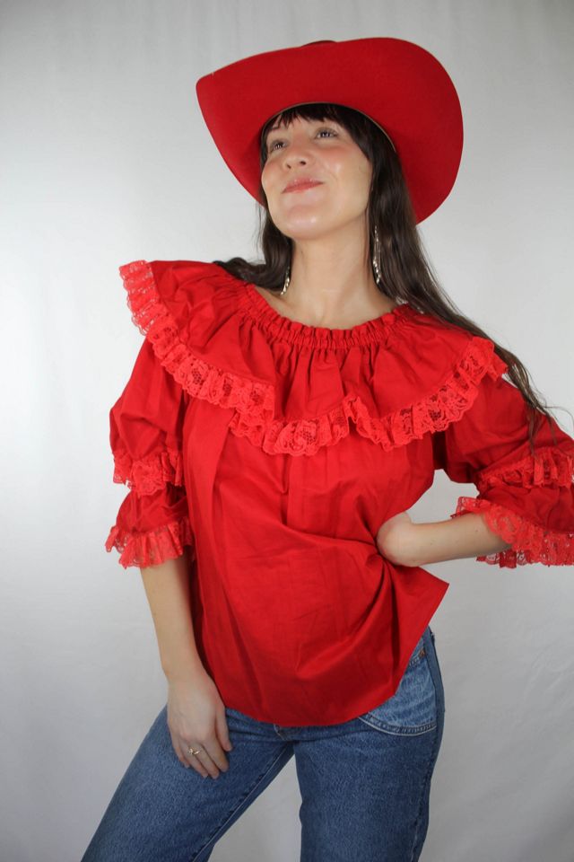 Vintage Western Off-The-Shoulder Red Ruffle Lace Blouse Selected By Moons + Junes Vintage #3