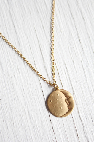 Vintage Crescent Moon + Stars Brass Pendant Necklace Selected By Moons + Junes Vintage
