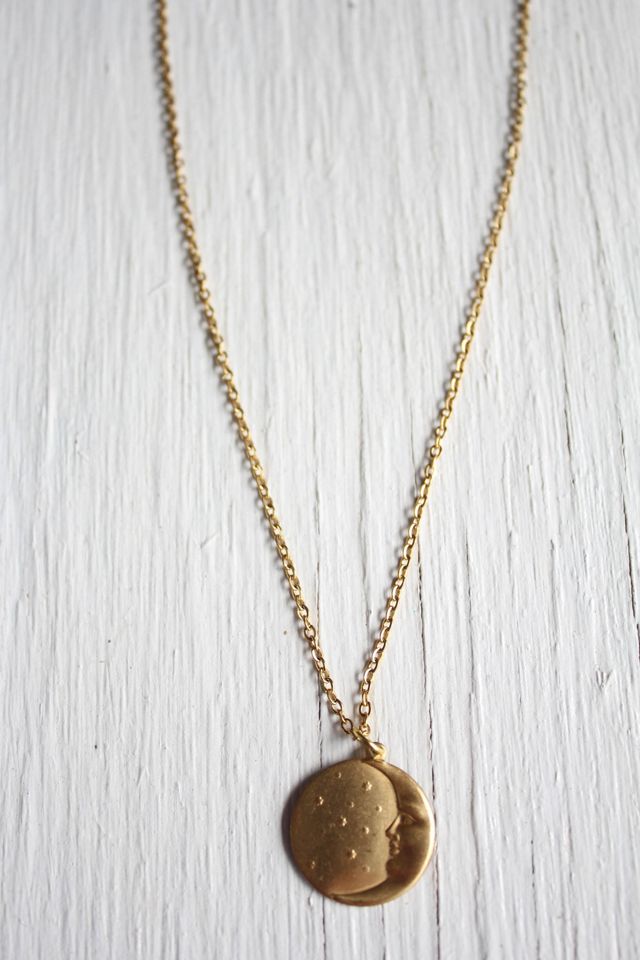 Vintage Crescent Moon + Stars Brass Pendant Necklace Selected By Moons + Junes Vintage #2