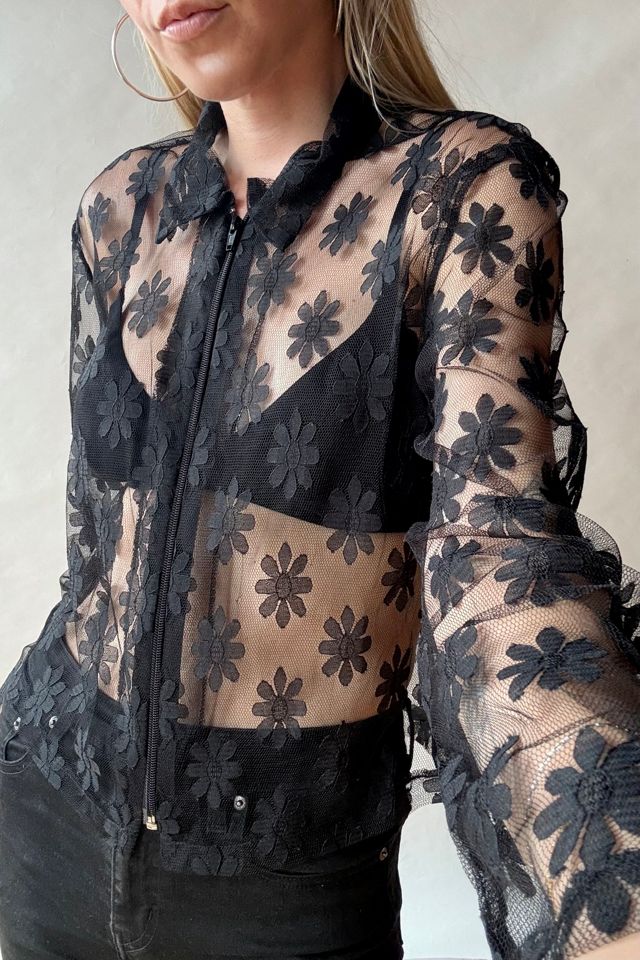 90's Black Mesh Floral Top Selected by Wax Plant #1