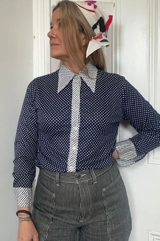 Vintage Blue and White Polka Dot Button Front Shirt Selected by KA.TL.AK